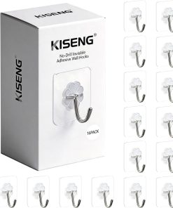 16 Pack Crystal Clear Adhesive Hooks for Hanging. Heavy Duty 22lb Sticky Hooks. Invisible Clear Wall Hooks No Drill No Damage. Waterproof Shower Hooks for Bathroom Kitchen Towel Keys